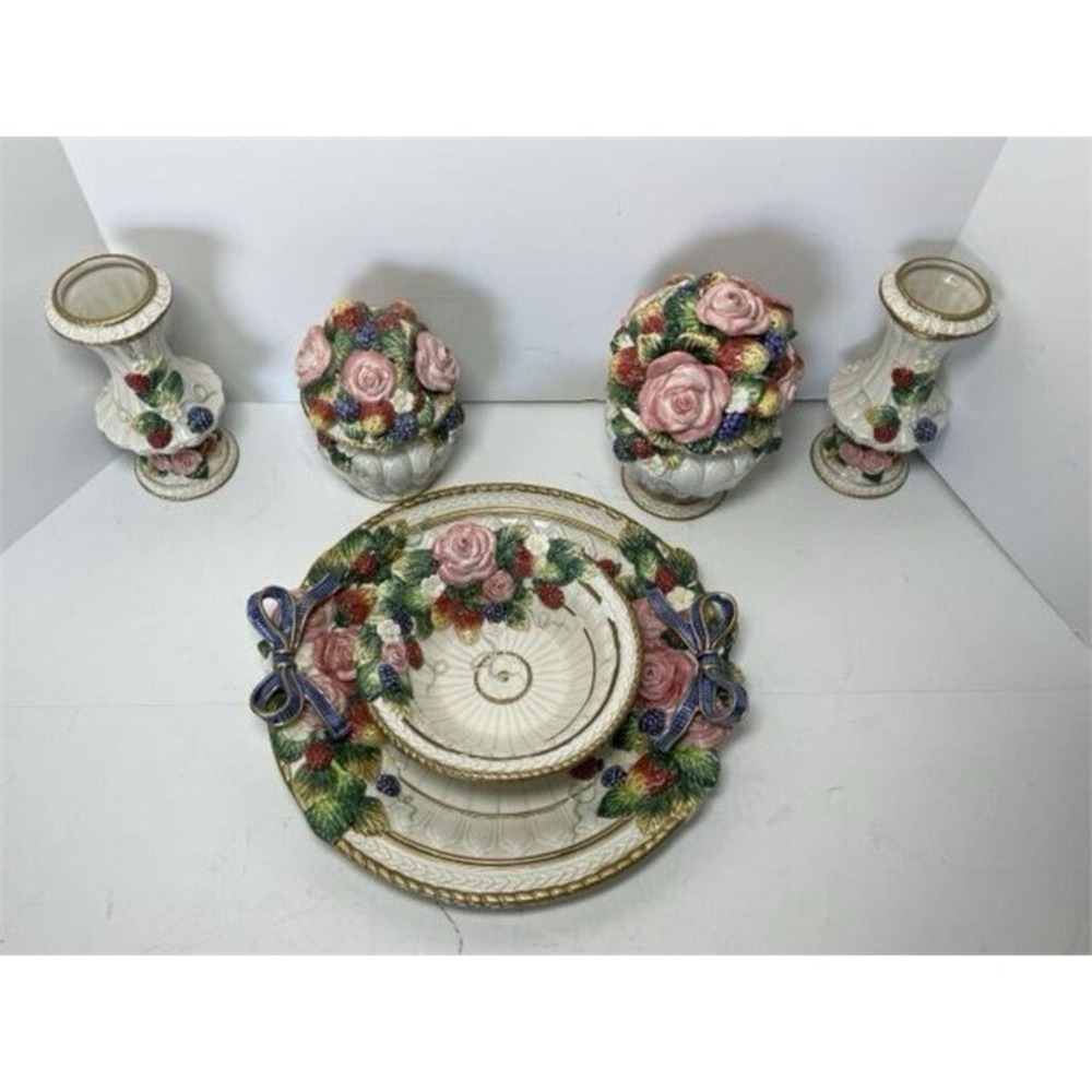 VTG 6 Pc Fitz & Floyd Serving Pieces- Vases, Platter 13", Bowl Roses